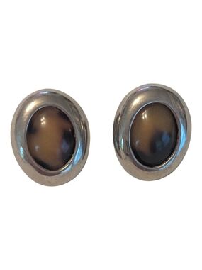 VTG 80s 90s Clara Studio Oval Glass Brown Amber Tortoise Silver Clip On Earrings
